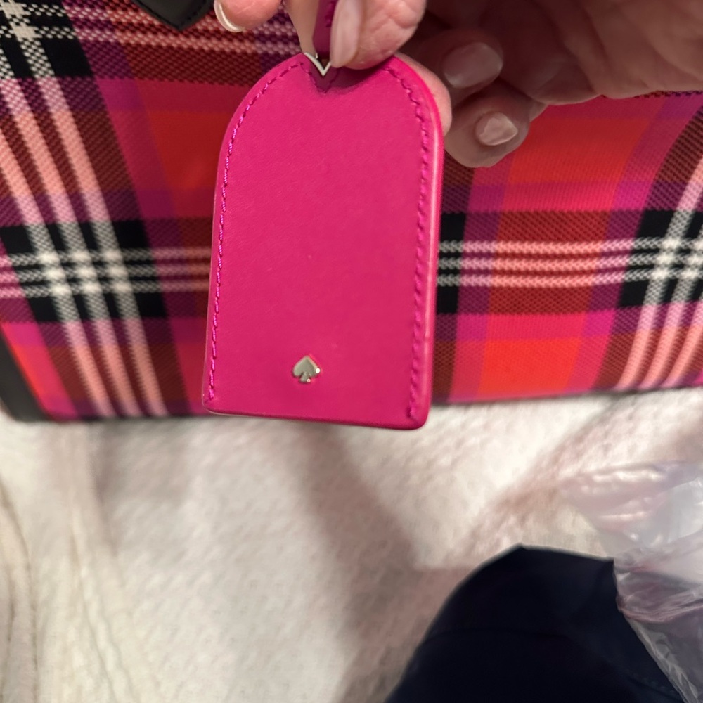 Kate Spade Manhattan Foliage plaid fabric large tote in Vibrant Pink and Black - Picture 8 of 10